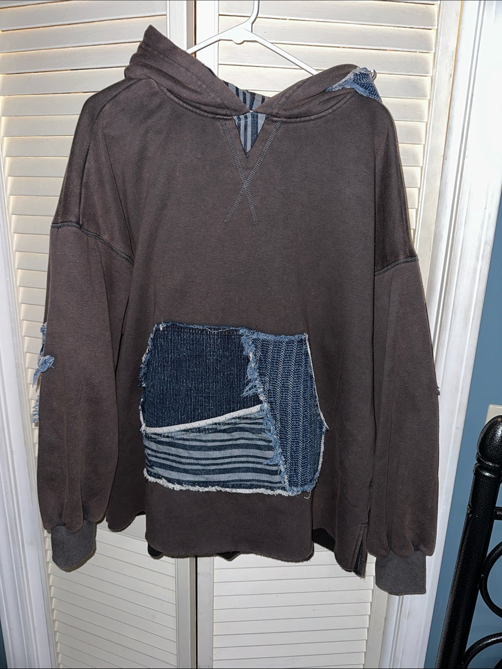 Oli & Hali Dark Brown Hoodie with Distressed Denim Patch